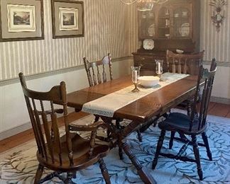 Item 86:  Trestle Dining Room Table with 6 Chairs: $895 set                                                                                                                  Table - 68"l x 38"w x 29.25"h                                                                   (2) Armchairs - 23.25"l x 17.75"w x 41"h                                   (4) Chairs - 19"l x 15.5"w x 41"h