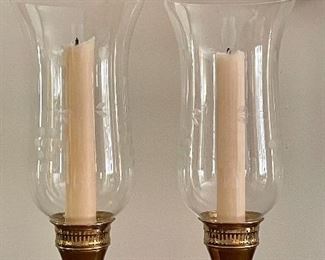 Item 90:  (2) Brass Candlesticks with Hurricanes:  $42 pair