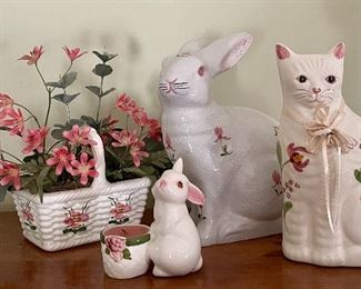 Item 184:  Lot of Porcelain - Basket, Rabbits & Cat:  $28                                                 Tallest - 11"