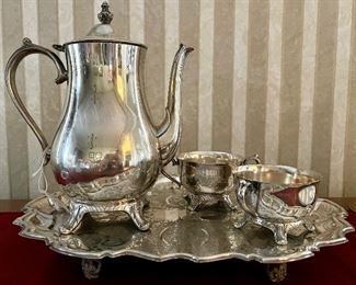 Item 233:  Silverplate Tea Set:  Coffee pot, sugar & creamer $35, tray $52