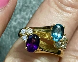 Item 248:  14K, amethyst and aqua stone ring with small diamonds:  $325