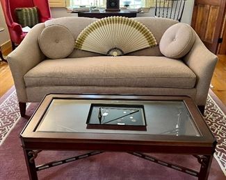 Great ivory, sage, and mauve gingham check bench seat sofa: $445