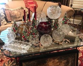 Beveled Glass and Iron Coffee Table 36x48 and Large collection of Rose Bowls, etched and brilliant cut crystal