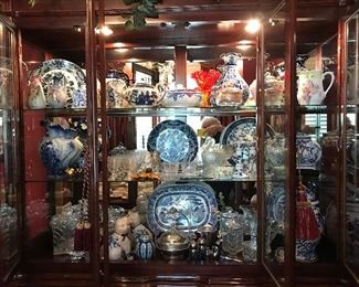 Formal Mahogany Hutch FULL of beautiful Serving Pieces, Blue and White, matches table and server