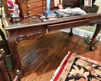 Ornate Hand Carved desk with lap drawer, Lions feet (32wx62lx30h)