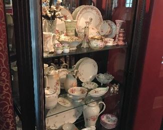 Tall Mahogany Curio Cabinet full of Antique and Vintage Theodore Havaland Elegant Pieces