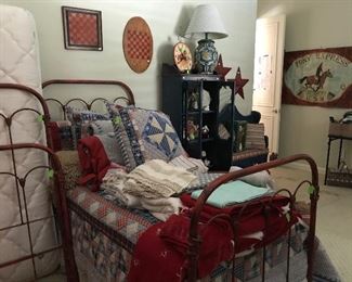 Twin bed set, Antique Iron, Country Blue Curio Cabinet, Country Blue Settee, Large Canvas Pony Espress