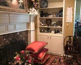 Large Silk Pillows, Area Rug, Antique Rocker, Decoratives