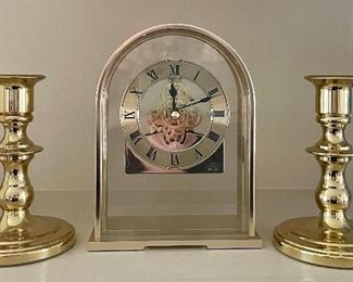 Pair of Brass Candlesticks                                                                          Brass Desk Clock