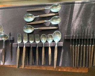 A very rare and beautiful set of vintage Danish stainless made by Lundtofte and designed by Gorge Jensen designer Tias Eckhoff. The pattern is Rosewood Opus. This is a rare opportunity!