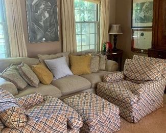 A sitting area in the living room shows a newer sofa and a pair of vintage Hollywood Regency Baker chairs and ottoman. 1978 the fabric is absolutely perfect!
