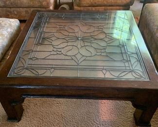 Baker Hollywood Regency coffee table. Exquisite leaded glass top. Original receipt shows that the family paid $2,450.00 for this table back in 1979.