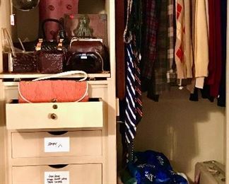 Nice selection of men's vintage sweaters, neck ties, and shorts. Lucite egg purse, sequin box bag, vintage carpet handbag, large light-up "I" metal wall letter.