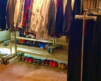 Racks of men's shirts, pants, jackets, coats. Brooks Brothers, Hickey-Freeman, Cabela's, Ralph Lauren, Tommy Hilfiger, Alexander Julian, etc. Lots of shoes. Industrial clothing racks for sale.