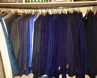 Men's vintage suit jackets from brands such as Hickey Freeman. Men's vintage tuxedos. Lots of denim jeans size waist 33-38. Several vintage hat boxes from stores such as Peck & Peck, Swanson's, Harzfeld's, Stix, etc.