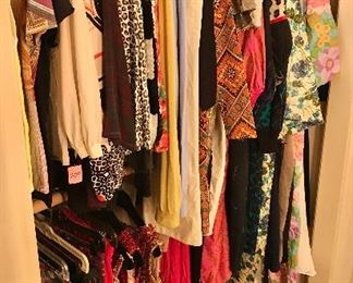 Small women's closet including many colorful vintage collectibles and some newer designer pieces from names such as Etro, Marc Jacobs, Cache, etc.