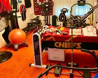 Everything you need to start your home gym is here. Including Nordic Track, Water Rower, Total Gym, Weider weights, etc. Plenty of Chiefs and other sports team related memorabilia to choose from.
