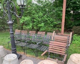 Two sets of chairs
Four black iorn
Eight French park chairs