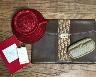 Dior vintage hand carry document holder, small vintage Dior carry pouch, Miss Dior parfum, Christian Dior vintage box hankies, vintage women's straw hat.