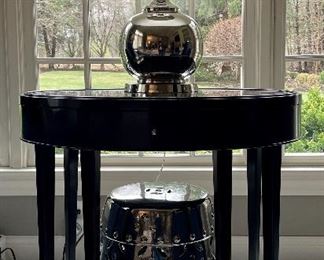 Item 6:  The Barbara Barry Collection by Baker Black Lacquer Side Table-Designed by Barbara Barry for Baker, the Oval End Table features a black lacquered finish with gold calligraphy detailing - 30"l x 21"w x 27.75"h: $875