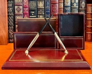 Item 23:  George Milos Co. Inc. Leather Desk Set including paper inbox & trash can: $125