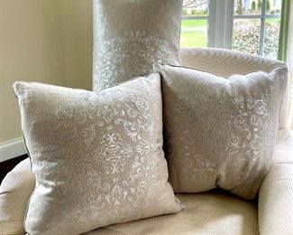 Item 35:  (2) Linen Pillows & Bolster with Silver Design:  $72 