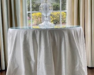 Item 40:  Side Table with Glass Top & Luxury Light Grey Beaded Tablecloth - 38" x 29.5": $295