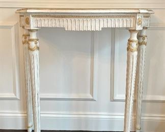 Item 56:  (2) Demi Lune Tables, Ivory with Gold Accents - 33"l x 14.25"w x 32"h: $265/Each