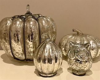 Item 129:  Lot of Mercury Glass Pumpkins & Owl: $28                                               Tallest - 12"