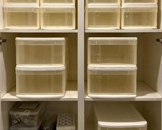 Item 136:  Shoe Storage Containers (top shelf):  $4/Each                                            Item 137:  Storage Containers (middle & bottom right shelf):  $6/Each                                                                    