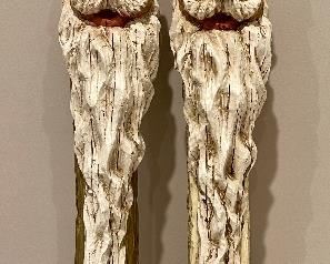 Item 189:  (2) Carved Stylized Wood Santas - 23.5":  $18 for pair
