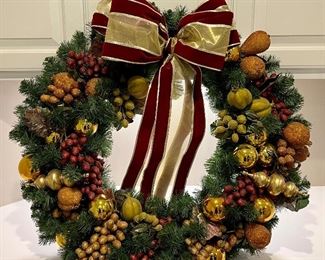 Item 207:  Lighted Holiday Wreath (gold & red bow) - 32":  $45