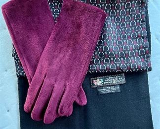 Item 223:  Paolo Designed by Paolo Gucci Wool and Silk Reversible Scarf and Super Soft Pair of Burgundy Ladies Gloves:  $55