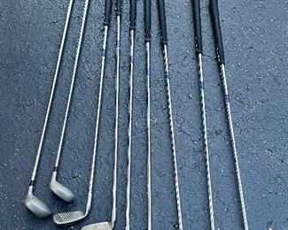 Item 241:  Set of Ping Golf Clubs (right): 4-9 & W, S: $175                                                                                                                        Item 242:  Flow Action 5 Driver (far left):                                                                        Item 243:  Flow Action 3 Driver (2nd from left):  