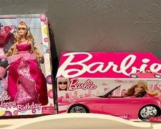 Item 254:  Barbie Happy Birthday (left):  $25                                                                 Item 255:  Barbie Convertible (right): $45