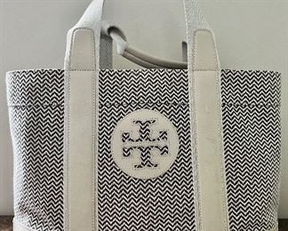 Item 357:  Tory Burch Canvas & Leather Tote (please note the marks on the leather):  $58