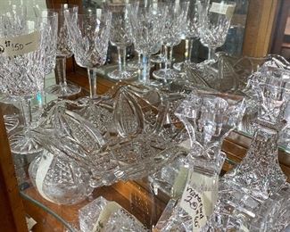 Cut glass, Waterford goblets and pair of candlesticks, many others