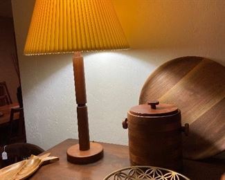 Teak Mid Century table lamp, teak ice bucket and tray