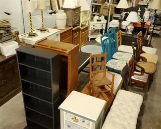 dining room chairs, shelves, end tables, lamps