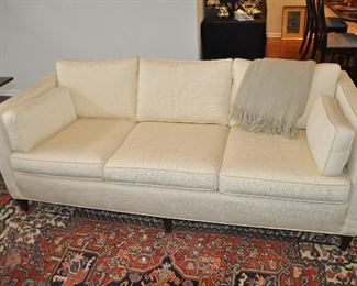 Upholstered Cream 3-Cushion Sofa with Wood Legs, W75" x H27" x D34"