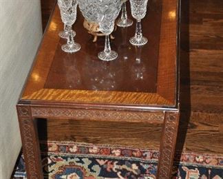 Side Table with Carved Legs and Inlay Banding (as is) W16" x H20" x D25" Shown with Vintage Cut Crystal Decanter and 6 Matching Goblets