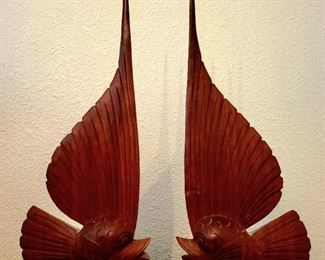 Pair hand carved mahogany fish