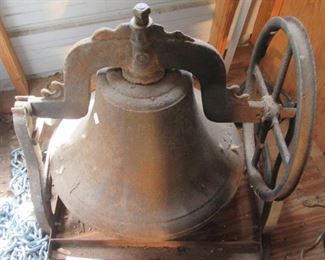Antique school bell, works (loud)! Very heavy. Guessing about 22 inches round. About 150 or more pounds in weight, has original stand.  Pully for rope. Guessing about 150 yrs old. Complete with cradle.