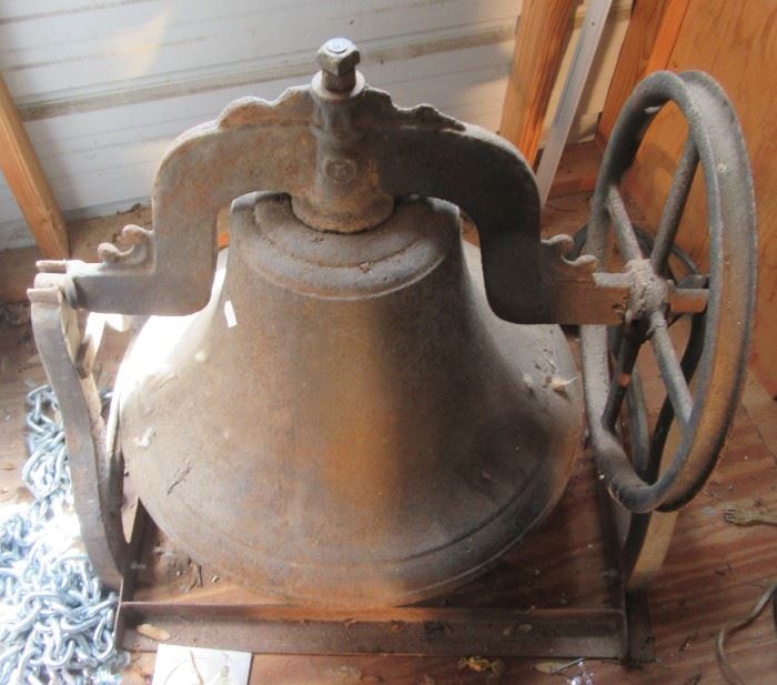 Antique school bell, works (loud)! Very heavy. Guessing about 22 inches round. About 150 or more pounds in weight, has original stand.  Pully for rope. Guessing about 150 yrs old. Complete with cradle.