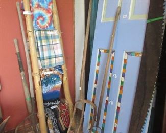 Primitive tools, very old vintage door (blue). Horse collar, blankets and other neat items.