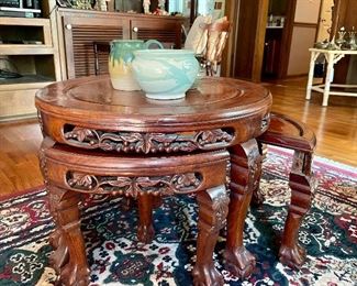 Asian Carved Wood Nesting Table Set 