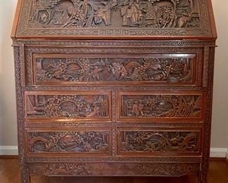 Asian Carved Desk with Chair