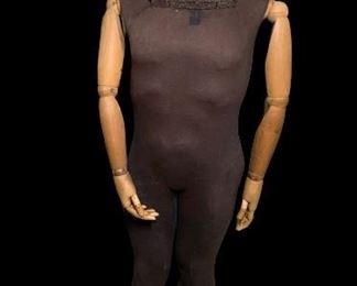 Men’s Vintage haberdashery mannequin, articulated wood arms and hands, chocolate fabric covered body