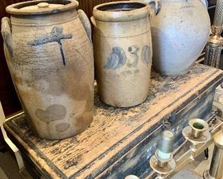 Antique primitive crocks, jugs and wood trunk on hairpin legs, Vintage Catholic Cathedral candelabra 
