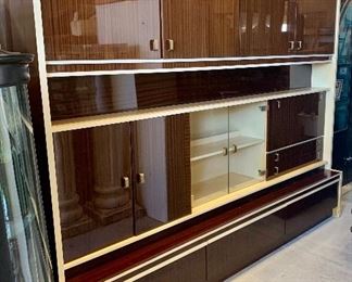 Fantastic Mid Century German made 3 piece wall length Bar Storage/Display Cabinet, striped veneer 